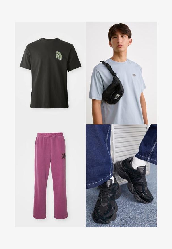 Camiseta negra de manga corta y cuello redondo con un pequeño logotipo en forma de cuarto de círculo en verde y blanco y el texto "The North Face" en el lado izquierdo del pecho.; Pantalones de chándal morados con un corte relajado, que cuentan con una cinturilla elástica y bolsillos laterales. Un logo oscuro está presente en la pierna izquierda.; Zapatillas negras que presentan una combinación de materiales texturizados y lisos, con cordones prominentes y una suela gruesa, combinadas con pantalones de mezclilla oscuros.; Bolso cruzado negro de nailon con correa ajustable, que presenta un prominente logo blanco. Llevado sobre una camiseta de color azul claro. Diseño simple y funcional.