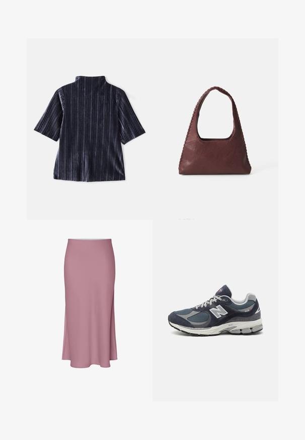 Top scurt din catifea întunecată, cu mâneci scurte, dungi verticale, guler în picioare și textură moale. Prezintă o croială lejeră și un finisaj neted.; Fustă roz, până la genunchi, cu un design elegant, având o fanta laterală și o textură netedă. Fabricată dintr-un material moale și ușor.; Adidași New Balance cu un upper din plasă și piele întoarsă de culoare albastru închis, accente gri, logo alb, talpă cu amortizare și detalii texturate.; Geantă de piele burgundă, cu o formă triangulară, cu deschidere în partea de sus și detalii împletite pe mânere. Textură netedă, cu un finisaj mat.
