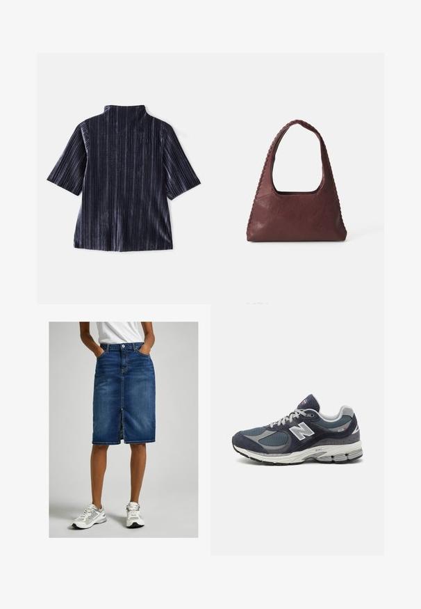 Temna žametna kratka majica z navpičnimi črtami, stojnim ovratnikom in mehkobno teksturo. Ima sproščen kroj in gladek videz.; Denim midi krilo v temno modri barvi, ki ima sprednje žepe, osrednji razporek in klasično gumbasto zapiranje. Kombinirano z belimi in sivimi športniki.; Tenis New Balance z zgornjim delom iz mornarskega mrežastega materiala in semiša, s sivimi detajli, belim logotipom, oblazinjeno podplatom in teksturiranimi detajli.; Burgundska usnjena torba v trikotni obliki, odprta na vrhu, s pletenim detajlom ob ročaju. Gladka tekstura z mat zaključkom.