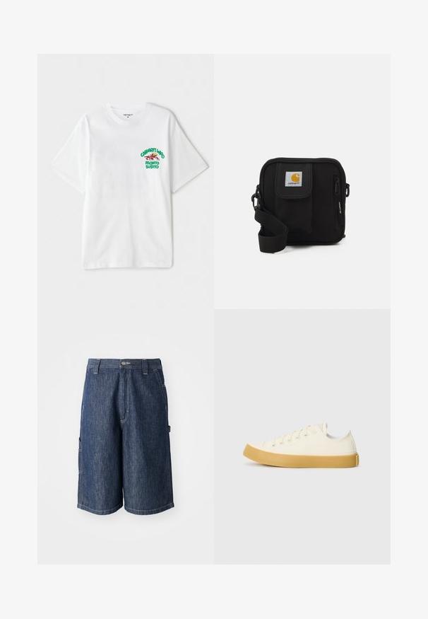 Balts kokvilnas T-krekls ar zaļu un sarkanu grafiku kreisajā krūtī, kas lasāms "cashart Who Pronto Subito." Īsas piedurknes.; Tumši zilo džinsu šorti ar taisnu piegriezumu, piecām kabatām un redzamu šuvumu. Iezīmēta ar pogu aizdari un jostu cilpiņām.; Kanvasas tenisa apavi ofē un balta krāsā ar apaļu purngali, ar beicu gumijas zole un piecām acīm šņorēšanai, teksturēta virsma augšdaļā.; Melna plecu soma ar rāvējslēdzēja galveno nodalījumu, priekšējo kabatu, regulējamu siksnu un redzamu logotipa tagu uz vāka.