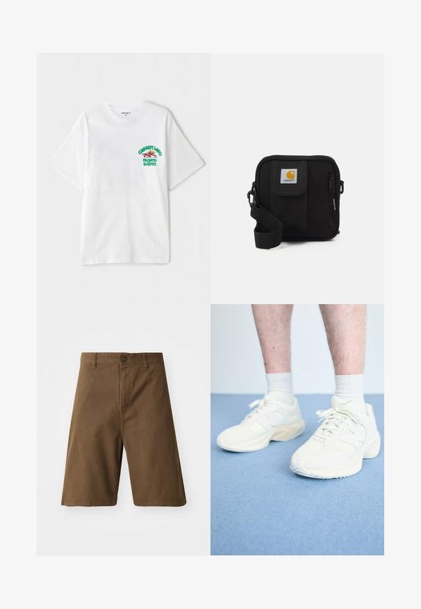 Camiseta de algodón blanca con un gráfico de texto en verde y rojo en el pecho izquierdo que dice "cashart Who Pronto Subito." Mangas cortas.; Pantalones cortos de algodón marrón con corte recto, que cuentan con un cierre frontal de botón, lazos para cinturón y bolsillos laterales. Textura suave y costuras limpias.; Zapatillas deportivas blancas con detalles de malla y ante, suela texturizada, forma redondeada y cierre de cordones, usadas con calcetines blancos hasta el tobillo.; Bolso bandolera negro con un compartimento principal con cremallera, bolsillo frontal, correa ajustable y un parche de logo visible en la tapa.