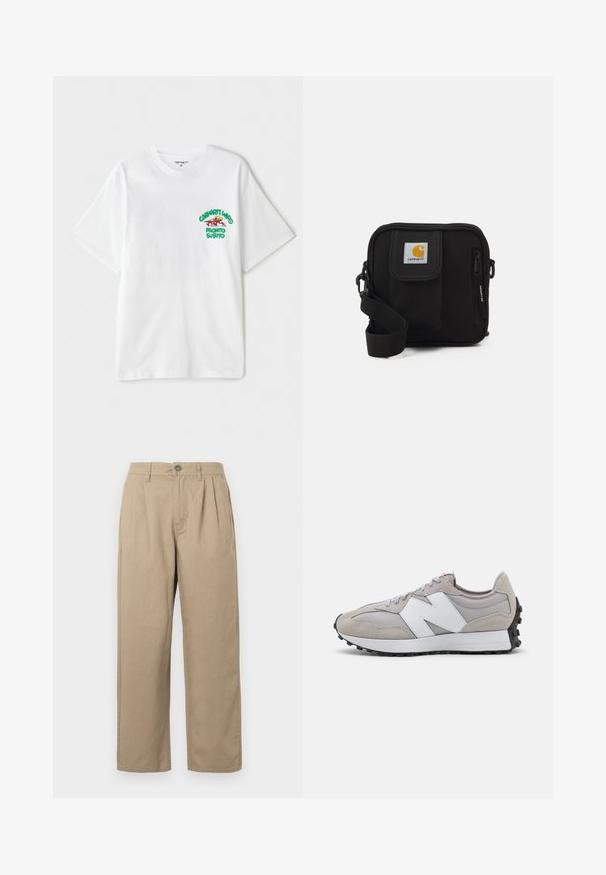 White cotton t-shirt featuring a green and red graphic text on the left chest reading "cashart Who Pronto Subito." Short sleeves.; Beige high-waist trousers with pleats, belt loops, button closure, and straight legs on a white background.; Gray sneaker with mesh and suede materials, featuring a white side logo, gray laces, and a black rubber outsole.; Black crossbody bag with a zippered main compartment, front pocket, adjustable strap, and a visible logo patch on the flap.