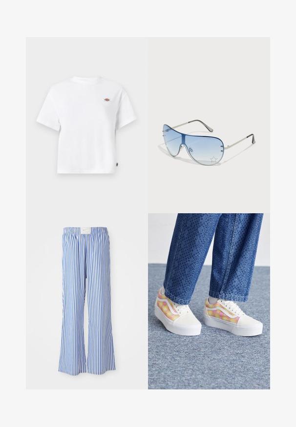 Tricou alb din bumbac, cu o croială lejeră, având un mic patch cu logo pe piept și un eticheta pe lateral pentru un detaliu suplimentar.; Pantaloni în dungi albastre și albe, cu o croială lejeră, confecționați dintr-un material ușor, având un brâu elastic și un eticheta logo discretă.; Adidași cu platformă, cu vârful din canvas alb, design mozaicat multicolor în roz și galben, iar talpa din cauciuc este albă. Pantaloni din denim texturat.; Ochelari de soare aviator cu lentilă gradient albastră, ramă metalică argintie și accente decorative sub formă de stele pe lentilă. Design neted și elegant.