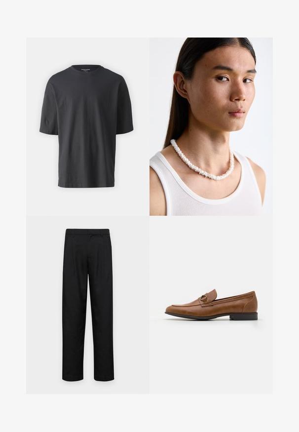 Camiseta de manga corta negra hecha de algodón, con un cuello redondo y un corte relajado. No hay patrones ni acentos visibles.; Pantalones negros de tela suave, con un diseño de pierna recta, dos pliegues frontales y una cintura estándar con trabillas para el cinturón.; Mocasines de cuero marrón con tacón plano, que cuentan con un acento metálico decorativo en la parte delantera, diseño elegante y textura suave.; Collar de conchas blancas compuesto por formas irregulares, usado sobre una camiseta ajustada blanca. Textura suave con un brillo sutil, diseño ceñido.