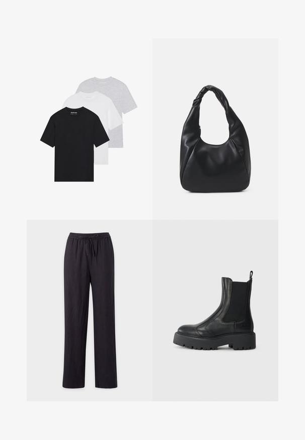 Set de trei tricouri basic în negru, alb și gri deschis. Mâneci scurte, guler rotund, fabricate dintr-un material de bumbac neted. Logo-ul brandului este vizibil.; Cămașă din denim gri cu închidere cu nasturi, guler punctat și un buzunar pe piept. Dispune de mâneci lungi și o croială lejeră.; Pantaloni negri, ușori, cu croială dreaptă, cu talie elastică și șnur. Textură netedă, fără modele vizibile sau accesorii.; Botine negre din piele cu panouri elastice pe laterale, vârf rotunjit și o talpă din cauciuc texturat, masivă. Dispune de un tab de prindere la spate.; Geantă hobou neagră, fabricată dintr-un material asemănător cu pielea, cu un mâner răsucit, având o formă moale și rotunjită și o închidere cu fermoar deasupra.; Set de douăsprezece cercei cercei în nuanțe de argint și aur. Include modele răsucite, netede și texturate, cu dimensiuni și finisaje variate.