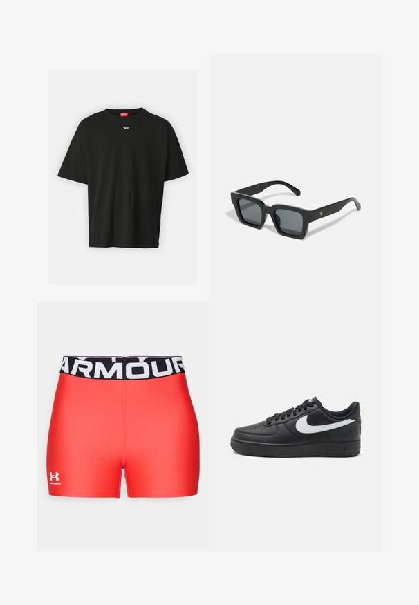 Black short-sleeve T-shirt made from cotton, featuring a round neckline and a small red logo on the chest. Simple design and straight cut.; Red athletic shorts with a black waistband printed with "ARMOUR." Smooth texture with an embroidered logo in white on the lower left.; Black Nike Air Force 1 sneakers with a smooth leather upper, white logo accent, perforated toe, and textured rubber sole.; CHPO MAX UNISEX - Sunglasses - black