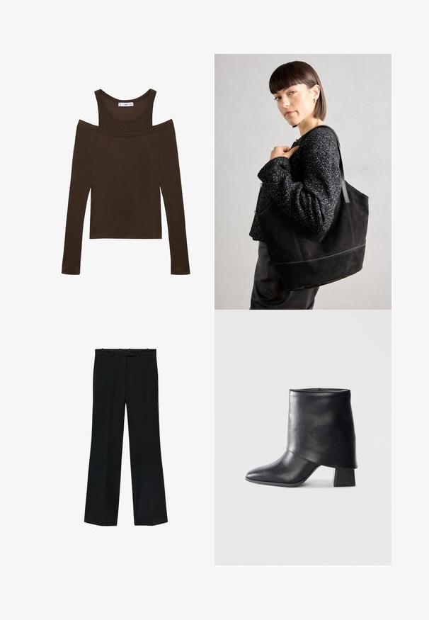 Hnědý dlouhý rukáv top s off-shoulder designem, vyrobený z měkké tkaniny, s kulatým výstřihem a přiléhavým střihem. Jednoduché švy.; Černé kalhoty se střihy rovného nohavice, vyrobené z hladkého materiálu. Mají pas s poutky na pásek a bez viditelných znaků nebo zdobení.; Černá kožená kotníková bota s špičatou špičkou, hladkým povrchem a pevně strukturovaným blokovým podpatkem. Disponuje vysokým, skládacím manžetovým designem.; Černá semišová taška přes rameno s hladkým povrchem, strukturovaným tvarem a kontrastním prošíváním. Má dlouhé popruhy pro nošení přes rameno.