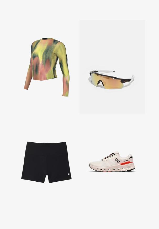Hosszú ujjú, rövid fazonú felső batikolásos mintával, zöld, sárga és rózsaszín árnyalatokkal. Puha anyagból készült, kerek nyakkivágással és karcsú fazonnal.; Fekete sportnadrág, rugalmas anyagból készült, magas derékkal, és egy kis fehér logóval az alsó jobb sarokban.; On CLOUDRUNNER 2 - Utcai futócipők - undyed sand; Fekete-fehér kerettel készült napszemüveg, nagy, arany és rózsaszín árnyalatú tükörlencsékkel, aerodinamikus dizájnnal és kiterjesztett külső peremmel.