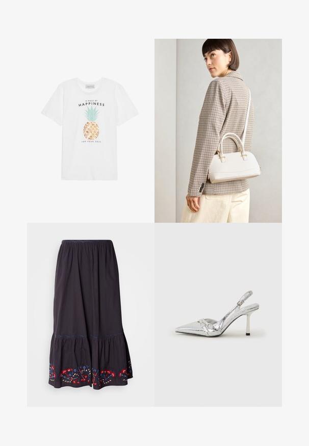 Weißes Baumwoll-T-Shirt mit einem Ananasgrafik, grünen Blättern, goldenen Akzenten und schwarzem Text, der "Ein Stück Glück für deine Seele" lautet.; Dunkelgrauer Baumwollrock mit einem Stufendesign und gestickten Blumenakzenten in Rot, Blau und Gelb am Saum. Elastischer Taillenbund.; Silberner Slingback-High-Heel-Schuh mit spitz zulaufender Zehenpartie, metallic-finish, zwei dekorativen Riemen und einem schlanken Absatz mit schwarzer Spitze.; Weiße strukturierte Handtasche mit kurzen Griffen und einem Schultergurt, ausgestattet mit goldfarbenen Hardware-Elementen und strukturiertem Material, vor einem grauen Hintergrund präsentiert.