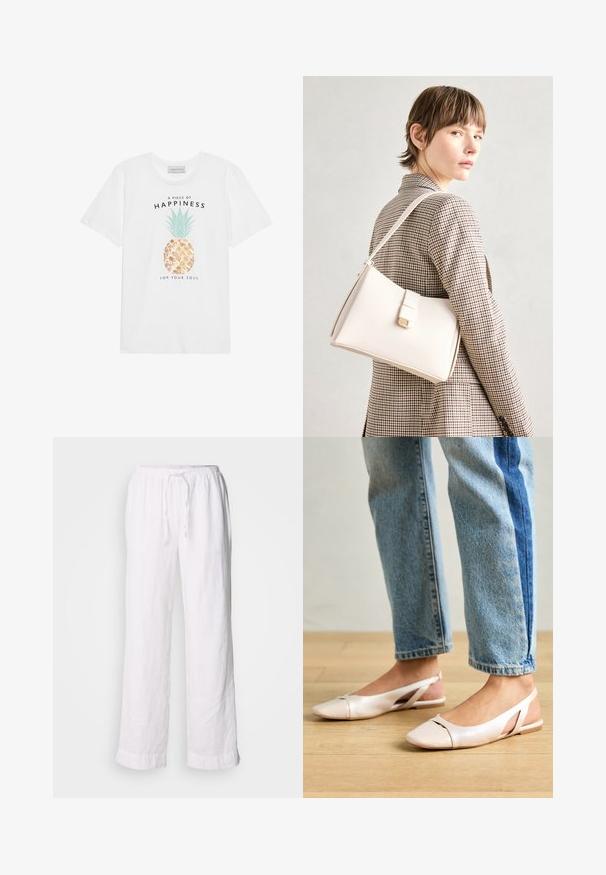 Valge puuvillane T-särk, millel on ananassigraafika roheliste lehtedega, kuldsed aktsendid ja must tekst "Tükike õnne sinu hingele".; Valged linased püksid lõdva istuvusega, elastse vöökoha ja nööriga. Peavad sirgetele jalgadele ja rullitud servadele, et saavutada lõdvestunud välimus.; Kahvatu roosa slingback lapikute jalatsite paar, millel on terav varvas, valmistatud siledast nahataolisest materjalist. Omab külgedel lõikekohti ja lapikut kontsa.; Valge nahast käekott struktureeritud disainiga, millel on magnetlukk ja õlavarre rihm, esitletud neutraalse tausta ees.