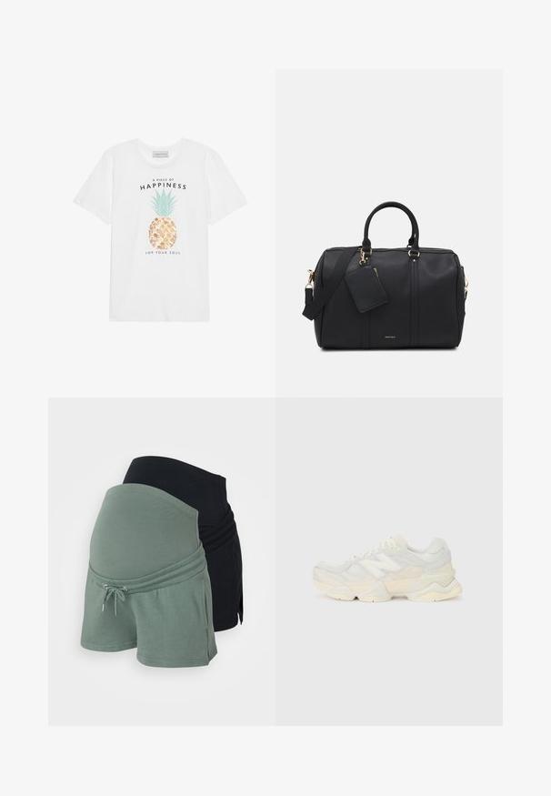 Hvit bomulls t-skjorte med et ananasmotiv, grønne blader, gull aksenter og svart tekst som sier "Et stykke lykke for sjelen din."; Graviditetsshorts sett i svart og grønt. Myk bomullspute, avslappet passform, justerbar livlinje med snor, med lagdelt design.; Lett sneaker med en overdel i mesh og semsket skinn i myke kremtoner, med en kraftig såle og tredimensjonale detaljer.; Svart duffelbag i fauxlær med gullfargede detaljer, doble topphåndtak, justerbar skulderrem og en avtakbar lapp-lomme.