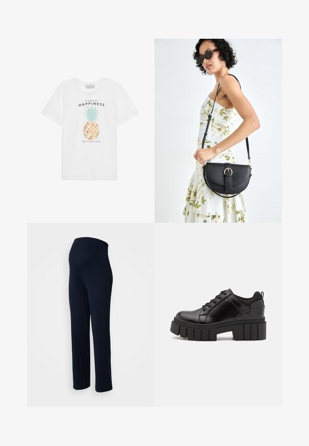 Camiseta de algodão branca com um gráfico de abacaxi com folhas verdes, detalhes em dourado e texto preto dizendo "Uma peça de felicidade para a sua alma."; Calças elásticas de cor azul marinho com uma textura suave, cintura elástica e design de perna reta, apresentando nenhum hardware ou padrões visíveis.; Sapatos de plataforma em couro preto com um salto bloco robusto, bico redondo e design clássico de atacadores. Apresentam uma textura suave e detalhes mínimos.; Bolsa de couro preta com forma curva, alça destacável e detalhes em dourado. A bolsa possui uma aba com detalhe de fivela.