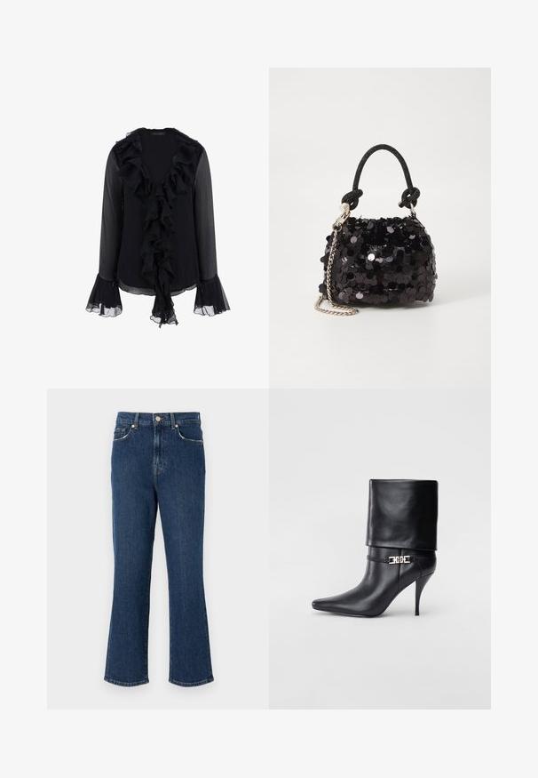 Črna bluzica iz prozorne tkanine, z naborkanim izrezom in manšetami, dolgimi rokavi in mehko teksturo. Spredaj so naborki.; Temno modri, razširjeni kavbojke iz denima z jasno opredeljenim pasom, sprednjimi žepi in zlatimi detajli. Gladka tekstura z šivnimi podrobnostmi.; Črne usnjene gležnjarje z ostrim nosom, visokim stiletto peto, zavihanim robom in zlatim okrasnim zaponko na gležnju.; Črna mini torbica s palčkami iz bleščic, z vozlanim teksturiranim trakom in srebrnima verigama. Okrogla oblika z nabranim vrhom in odsevnimi detajli.