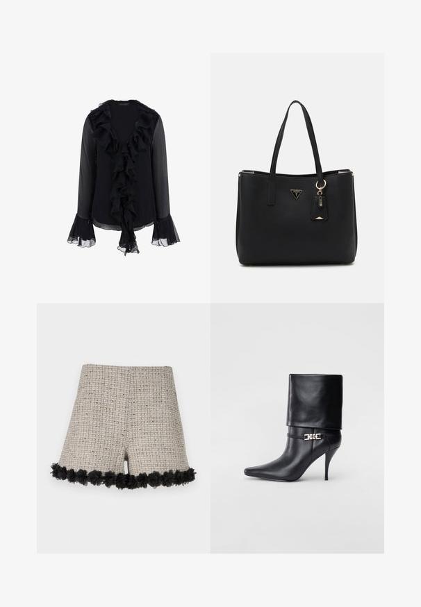 Blusa nera realizzata in tessuto trasparente, con un collo e polsini volanti, maniche lunghe e una texture morbida. Rouches decorano la parte anteriore.; Pantaloni corti in tweed beige con un motivo testurizzato, caratterizzati da un bordo floreale nero all'orlo. Il design presenta una forma complessivamente sartoriale.; Stivale ankle in pelle nera con punta affusolata, alto tacco a stiletto, risvolto sulla caviglia e un elegante dettaglio in oro con fibbia decorativa.; Borsa tote nera realizzata in materiale sintetico testurizzato, dotata di due manici, una placca con logo dorato e un piccolo cartellino con un dettaglio di accentuazione.