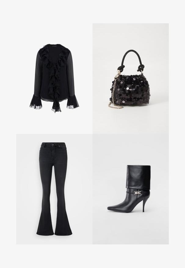 Černá blůza vyrobená z průsvitné látky, s volánkovým výstřihem a manžetami, dlouhými rukávy a měkkou texturou. Přední část zdobí volánky.; Černé rozšířené džíny vyrobené z denimové látky, s vysokým pasem, pěti kapsami a hladkou texturou se standardními švy.; Černé kožené kotníkové boty s špičatou špičkou, vysokým stiletto podpatkem, ohrnovací manžetou a zlatým ozdobným přezkovým detailem na kotníku.; Černá mini kabelka s flitry, s uzlovým texturovaným popruhem a stříbrným řetízkem. Zaoblený tvar s nařaseným vrchem a reflexními detaily.