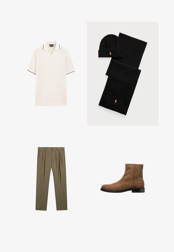 Crème kleurige polo met een v-hals en contrasterend donker trim aan de kraag en mouwen. Zachte stof, korte mouwen.; Olijfgroene, geplooide broeken met een recht gesneden silhouet, gemaakt van textiel met een structuur. Voorzien van een knoopsluiting aan de voorkant en zijzakken.; Bruine suède enkellaars met een zachte textuur, ronde neus en een zwarte rubberen zool. Heeft een zijrits en minimale stikseldetails.; Zwarte gebreide beanie en sjaal set. Kenmerkt zich door ribbeltextuur en gouden logo-accenten. Zachte stof met een strakke ontwerp, geschikt voor koud weer.