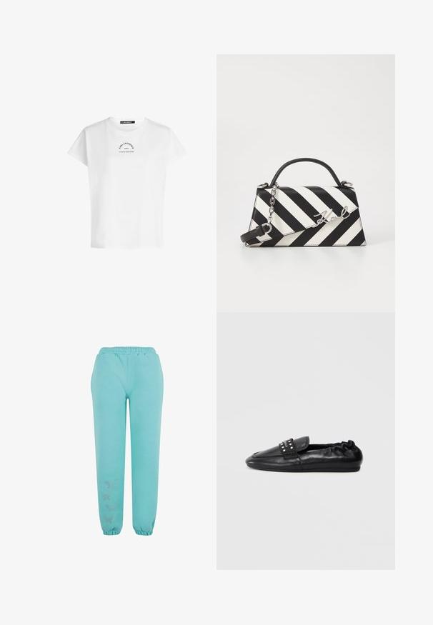 Bela kratka majica s kratkimi rokavi in kroženim izrezom, ki na prsih nosi črn napis "KARL LAGERFELD PARIS 21 RUE ST-GUILLAUME".; Turkizne trenirke iz mehkega materiala, z elastičnim pasom, elastičnimi manšetami in dekorativnimi dodatki v obliki metuljev.; Črni usnjeni čevlji na zdrs z zaobljeno konico, nabranimi robovi in dekorativnim trakom z zakovice na zgornjem delu.; Črna in bela črtasta torbica z obliko s strukturirano obliko, s top ročajem, odstranljivo verižico in kovinskim logotipom.