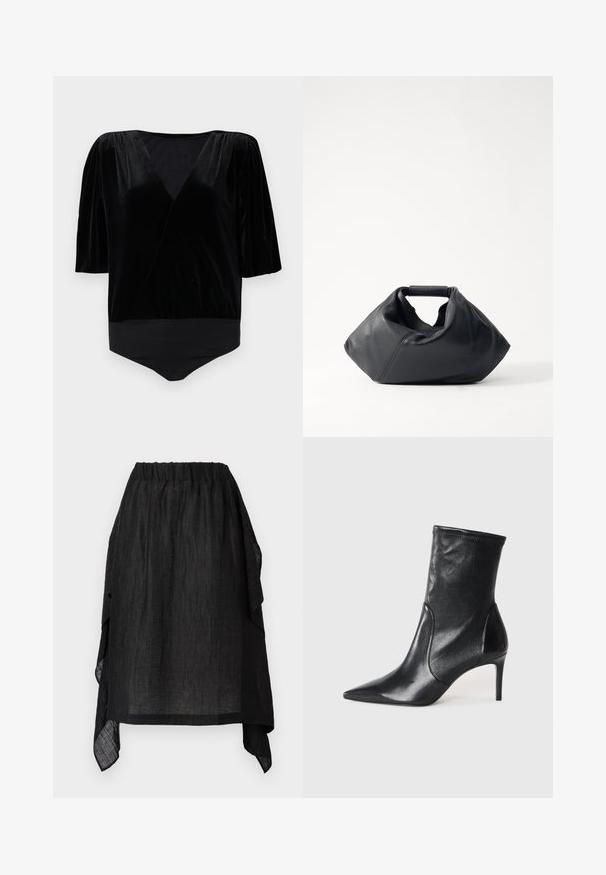 Čierny zamatový body s hlbokým výstrihom do V, krátkymi puffovými rukávmi a priliehajúcim spodným dielom. Hladká textúra a elegantný zavinovací dizajn.; Henrik Vibskov UNCUT SKIRT - sukňa v tvare A - black; Čierne kotníkové topánky vyrobené z hladkej kože, s špicatou špičkou, priliehavým zvrškom aúzkym vysokým podpätkom. Minimalistický dizajn bez viditeľného kovania.; Čierna kožená taška s textúrovaným povrchom, unikátnym zvrásneným tvarom a krátkym uchom. Obsahuje jeden hlavný priestor.