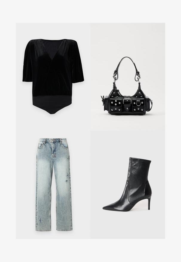 Juodas aksominis bodis su giliu V formos iškirpimu, trumpomis pūstomis rankovėmis ir prigludusia apačia. Lygus paviršius ir elegantiškas apvyniojimo dizainas.; Šviesiai mėlynos džinsinės kelnės su tiesiu kirpimu, su matomomis siūlėmis ir dekoratyviniais kryžminiais raštais priekyje.; Juodi kulkšneliai, pagaminti iš lygaus odos, su smailiu nosiu, prigludusia ašimi ir siauru aukštu kulnu. Minimalistinis dizainas be matomų detalių.; Juodas odinis rankinukas su kreiviu dizainu, su sidabro spalvos knopkėmis, užsegimu ir dviem šoninėmis kišenėmis. Reguliuojama dirželis nešimui.