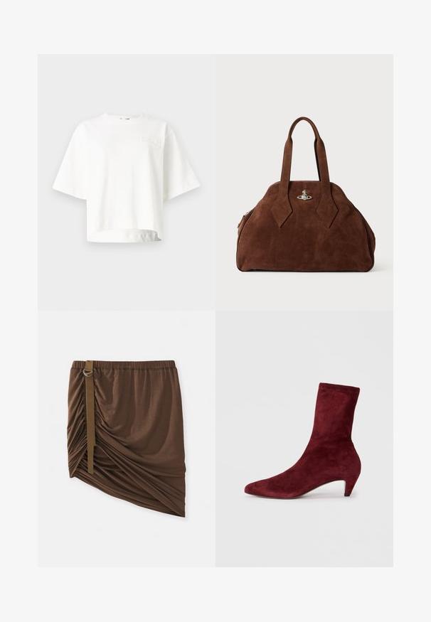 Bílý krátký rukáv cropped tričko vyrobené z měkké látky, s jemně embosovaným logem značky na levé části hrudi.; Hnědá sukně po kolena vyrobená z jemné, lehké látky; obsahuje nařasené detaily a boční popruh s kovovým kroužkem jako akcent.; Burgundské sukně kotníkové boty s špičatou špičkou a nízkým podpatkem. Hladký povrch a elegantní design bez viditelného kování nebo vzorů.; Hnědá semišová kabelka se strukturovaným tvarem, zaobleným tělem a prodlouženými úchyty ve tvaru diamantu. Obsahuje stříbrné kování na zavírání.