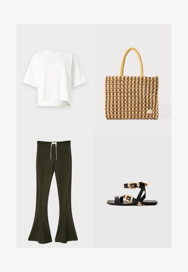 Vit kortärmad Cropped t-shirt i mjukt tyg, med en diskret upphöjd logotyp på vänster bröst.; Mörk olivgrön utsvängda byxor gjorda av elastiskt material, med metalliska dragkedjedetaljer och kontrasterande sömmar på sidorna.; Svarta lädersandaler med guldspännen, med flera remmar och platt såldesign för öppna tår.; Vävd väska i brunt och gult, med rektangulär form, två handtag och en texturerad yta med synliga sömmar och ett varumärkesmärke.