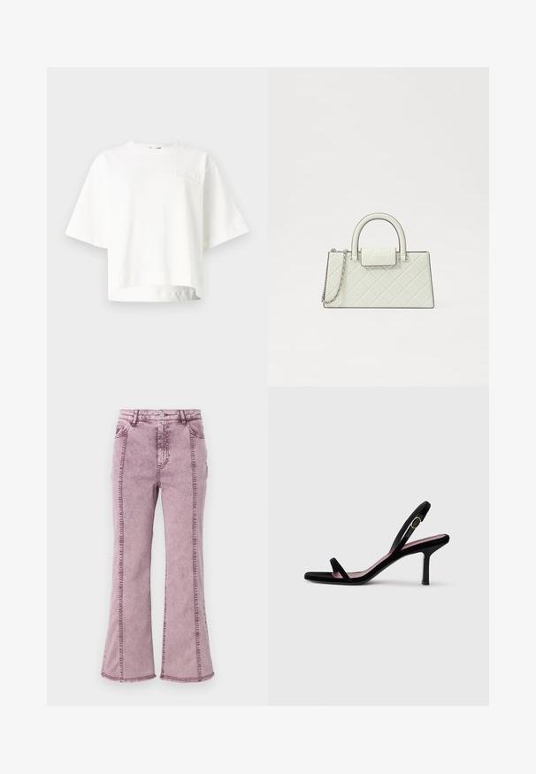 Fehér, rövid ujjú, cropped póló, puha anyagból készült, finom, dombornyomott márkás logóval a bal melle részén.; Lila farmer bővülő farmerek magas derékkal, oldalaikon látható varrással és nyers szegéllyel az alján.; Fekete velúr női magassarkú szandál slim pántokkal és arany csattal, fehér háttér előtt, oldalnézetben.; Tűzött, fehér kézitáska szilárd kialakítással, felső fogantyúval, levehető láncos pánttal és kiemelkedő logóval a zsanéron.