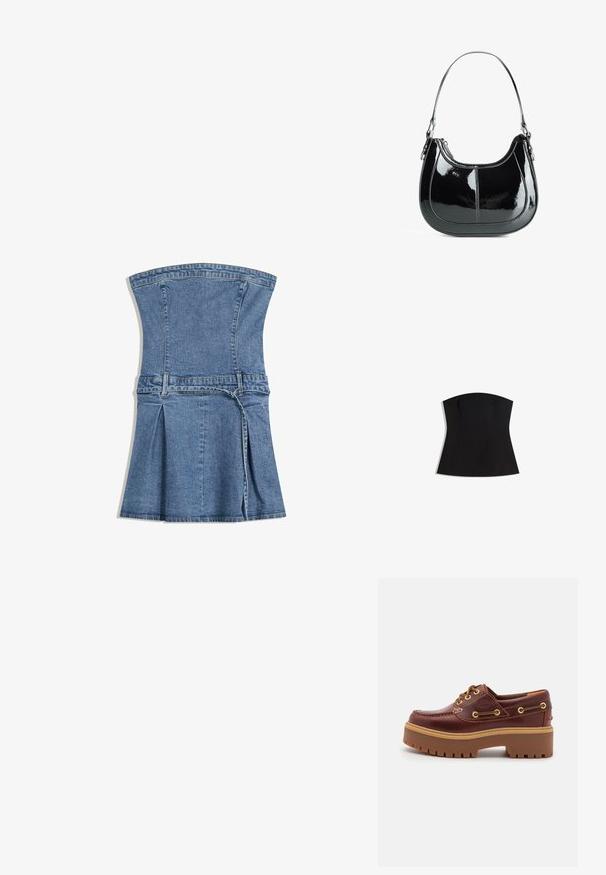Černý top bez ramínek s přiléhavým střihem, hladkou texturou a širokým výstřihem. Obsahuje záševky pro tvarování a má čistý, minimalistický design.; Denimové šaty se strukturovaným korzetem, modré barvy, s rozšířenou sukní a skladovaným detailem. Obsahují nastavitelné páskové zapínání a zip.; Hnědé kožené boty na lodi s robustní hnědou gumovou podrážkou, zlatými očky a kontrastním prošíváním. Na boku se nachází logo.; Černá lakovaná kožená kabelka s zakřiveným designem, zipovým uzavřením a jedním ramenním popruhem, který má stříbrné kování a akcenty prošívání.