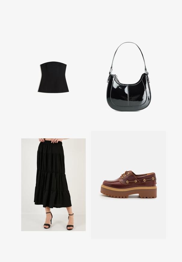 Top negru fără bretele, cu o siluetă ajustată, textură netedă și o decolteu larg. Dispune de cute pentru formare și un design curat, minimalist.; Fustă maxi neagră, cu straturi, având un elastic în talie, material ușor și o siluetă fluidă, asortată cu sandale negre cu curelușe și toc înalt.; Pantoful de yacht din piele maro, cu o talpă din cauciuc maro masivă, ochiuri de aur și coasere contrastante. Prezintă un logo pe lateral.; Geantă din piele lacuită neagră, cu un design curbat, închidere cu fermoar și un singur mâner pentru umăr, având detalii din metal argintiu și accente de coasere.