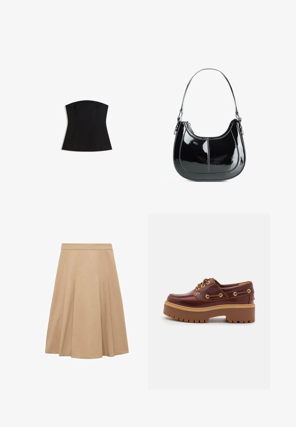 Top noir sans bretelles avec une silhouette ajustée, texture lisse et un large col. Présente des pinces pour la silhouette et un design épuré et minimaliste.; Une jupe A-line beige avec une texture lisse, dotée de plis qui apportent du volume et d'une ceinture pour un ajustement. Ourlet droit en bas.; Chaussure bateau en cuir marron avec une semelle en caoutchouc marron épaisse, œillets dorés et coutures contrastantes. Présente un logo sur le côté.; Sac à main en cuir verni noir avec un design courbé, fermeture zippée et une seule bandoulière avec des quincailleries en ton argent et des accents de couture.