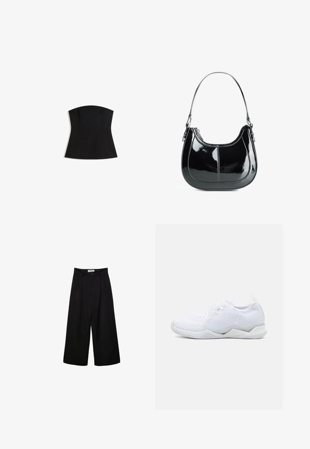 Čierny top bez ramienok s priliehavým strihom, hladkou textúrou a širokým výstrihom. Obsahuje záševky pre tvarovanie a čistý, minimalistický dizajn.; Čierne široké nohavice s vysokým pásom, plisovaným predným dielom a zapínaním na gombík. Vyrobené z hladkej tkaniny s módnym strihom.; Biele športové topánky s textúrovaným pleteným zvrškom, s ľahkou podrážkou a jemnými geometrickými akcentmi. Značka "Kempa" viditeľná.; Čierna lakovaná kožená kabelka s zakriveným dizajnom, so zipsovým zapínaním a jedným ramenným popruhom, ktorý má strieborné kovanie a akcenty šitia.