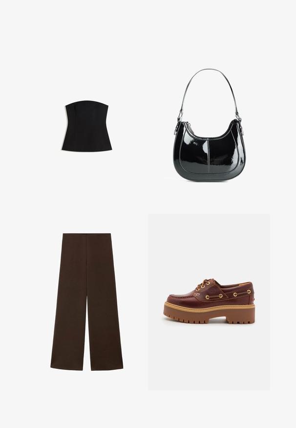 Črn brezrokavnik s prilagojeno silhueto, gladko teksturo in širokim izrezom. Ima šive za oblikovanje in čisto, minimalistično zasnovo.; Hlače širokega kroja, izdelane iz gladkega, temno rjavega blaga. Imajo visok pas in minimalističen dizajn brez okrasnih elementov.; Rjavi usnjeni čolnar s debelim rjavim gumijastim podplatom, zlatimi luknjicami in kontrastnim šivom. Ima logotip na strani.; Črna patentna usnjena torbica s ukrivljenim dizajnom, zadrgo in eno naramnico, ki ima kovinske dodatke srebrne barve in šive.