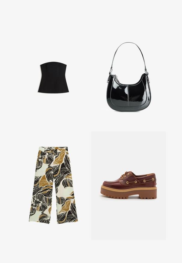 Czarny bezrękawnik o dopasowanym kroju, gładkiej teksturze i szerokim dekolcie. Posiada zaszewki dla lepszego dopasowania oraz czysty, minimalistyczny design.; Szerokie spodnie wykonane z lekkiego materiału, z motywem liści w kolorach czarnym, złotym i kremowym, z zapięciem na guziki i szlufkami na pasek.; Brązowe skórzane buty typu boat shoe z grubą brązową gumową podeszwą, złotymi oczkami i kontrastowym szwem. Posiadają logo na boku.; Czarna torebka z lakierowanej skóry o zaokrąglonym kształcie, zamykana na zamek, z pojedynczym paskiem na ramię, ozdobiona srebrnymi elementami i akcentami w szwie.