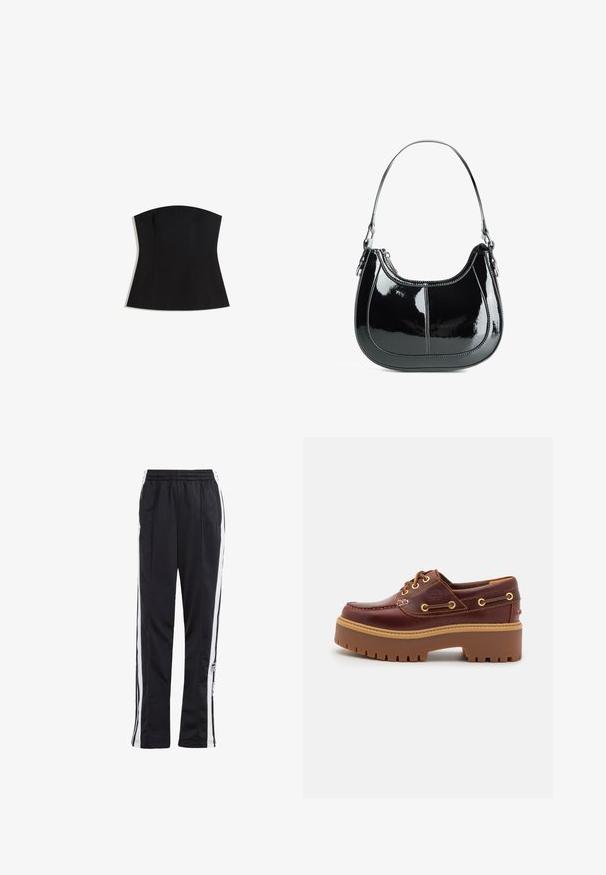 Černý top bez ramínek s přiléhavým střihem, hladkou texturou a širokým výstřihem. Obsahuje záševky pro tvarování a má čistý, minimalistický design.; Černé sportovní kalhoty s bílými pruhy po stranách, elastickým pasem a logem. Vyrobeny z hladkého, lehkého materiálu. Rovný střih nohou.; Hnědé kožené boty na lodi s robustní hnědou gumovou podrážkou, zlatými očky a kontrastním prošíváním. Na boku se nachází logo.; Černá lakovaná kožená kabelka s zakřiveným designem, zipovým uzavřením a jedním ramenním popruhem, který má stříbrné kování a akcenty prošívání.