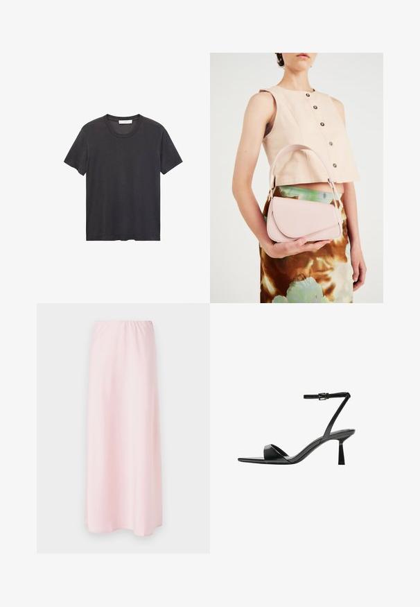 Black crew-neck t-shirt made of soft cotton. Short sleeves, relaxed fit, and straight hem with no embellishments or patterns.; Light pink satin maxi skirt with an elastic waistband, featuring a smooth texture and a simple, flowing silhouette.; Bershka High heeled sandals - black; Pink leather handbag with a curved flap, single shoulder strap, and clean lines. The bag exhibits a smooth texture and minimalistic design.