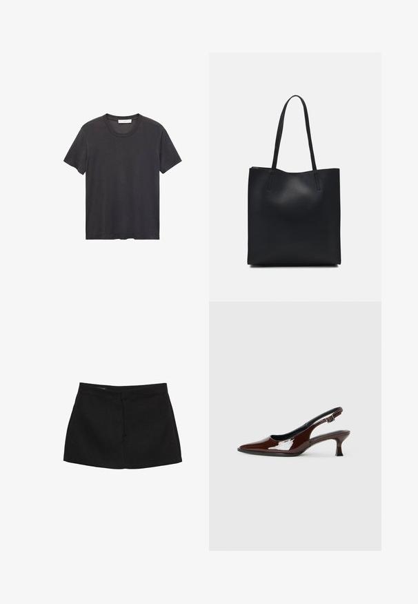 Zwarte crew-neck t-shirt gemaakt van zachte katoen. Korte mouwen, relaxte pasvorm en rechte zoom zonder versieringen of patronen.; Zwarte mini rok met een gestructureerde taille, een gladde textuur en een rechte silhouet. Bevat geen zichtbare zakken of versieringen.; Bruine gepatineerde leren slingback-schoen met een spitse neus en een gematigd hakje. Voorzien van een gespsluiting voor een veilige pasvorm. Glad van textuur.; Zwarte leren handtas met een gladde textuur, rechthoekige vorm en twee lange handvaten. Geen zichtbare hardware of versieringen.