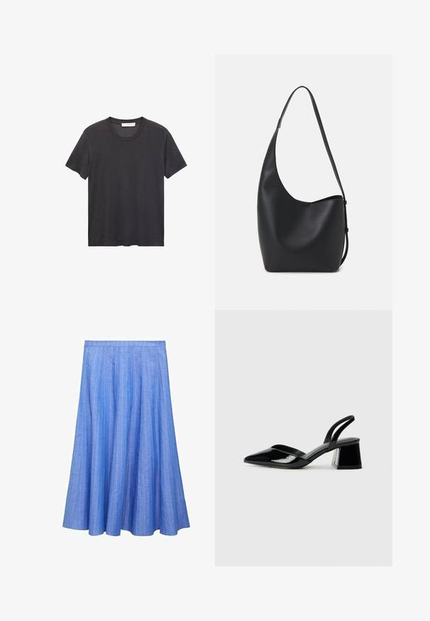 Black crew-neck t-shirt made of soft cotton. Short sleeves, relaxed fit, and straight hem with no embellishments or patterns.; Light blue pleated skirt with vertical white stripes. Made of soft fabric featuring a mid-length design and a fitted waistband.; Black patent leather slingback heels with a pointed toe and a geometric block heel. Features a sleek, minimal design and smooth texture.; Black leather hobo bag with a smooth texture, curved shape, and single adjustable strap; features a wide opening at the top.