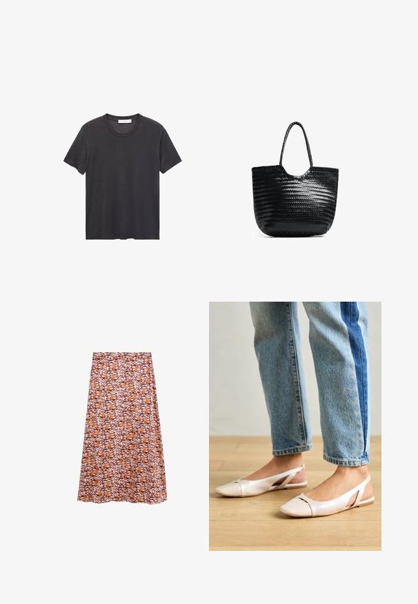 Zwarte crew-neck t-shirt gemaakt van zachte katoen. Korte mouwen, relaxte pasvorm en rechte zoom zonder versieringen of patronen.; Midi-jurk van lichtgewicht stof met een gedurfde abstracte print in oranje, bruin en roze, met een gladde textuur en een vloeiende silhoeet.; Zachtroze slingback ballerina's met een spitse neus, gemaakt van een glad leerachtig materiaal. Bevat uitsnijdingen aan de zijkanten en heeft een platte hak.; Zwarte geweven tote bag met een ronde bovenkant, zijnaad en twee gevlochten handvatten. Beschikt over een textuurpatroon en een ruime binnenkant.