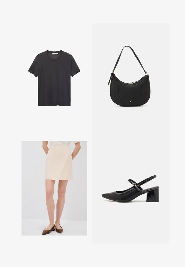 Schwarzes Rundhals-T-Shirt aus weicher Baumwolle. Kurze Ärmel, lockere Passform und gerader Saum ohne Verzierungen oder Muster.; Hellbeige Minirock mit strukturiertem Finish, schlanker Silhouette und Taillenbund, kombiniert mit braunen Slippers.; Schwarze Lackleder-Slingback-Absätze mit spitzer Zehenform, einem runden Ausschnitt-Design und einem Blockabsatz. Mit einem goldfarbenen Schnallenakzent.; Schwarze Lederhandtasche mit geschwungenem Design, strukturiertem Material, vorderen Nähten und einem Logo in Goldtönen. Verfügt über einen einzelnen verstellbaren Tragegurt.