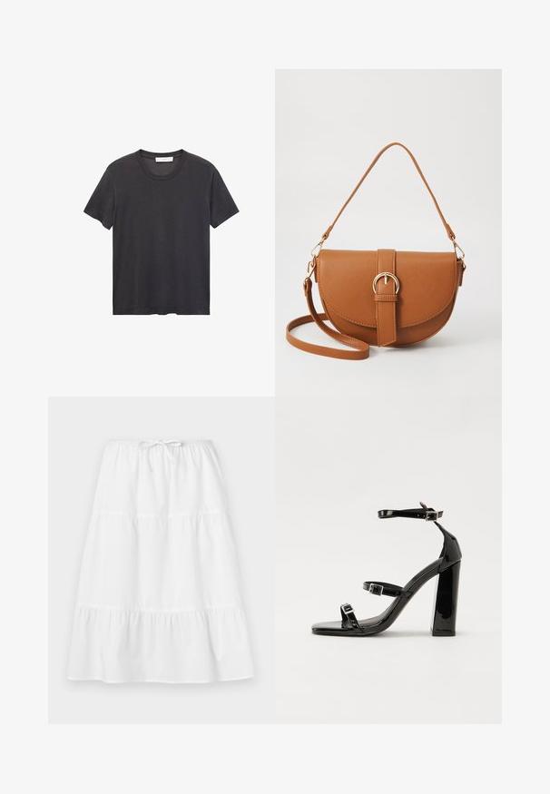 Crna majica s okruglim izrezom napravljena od mekanog pamuka. Kratki rukavi, opušteni kroj i ravni rub bez ukrasnih elemenata ili uzoraka.; Bijela pamučna suknja s pojasom na vezanje, slojevitim volanima i lepršavim dizajnom. Glatka tekstura, dužina do gležnjeva.; Crne lakirane sandale na visoku petu s dva remena s kopčama, kvadratnim vrhom i masivnom blok petom, s glatkom, sjajnom teksturom.; Smeđa kožna torba preko tijela s zakrivljenim oblikom, zlatnim metalnim detaljima i naglaskom na kopču. Ima odvojivu naramenicu.