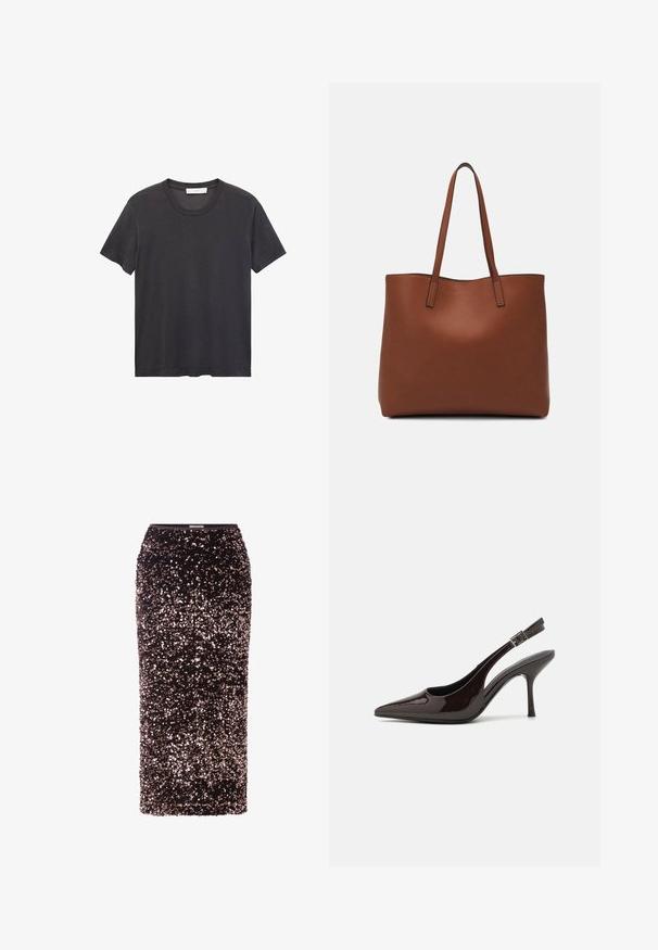 T-shirt noir à col ras du cou en coton doux. Manches courtes, coupe décontractée et ourlet droit sans embellissements ni motifs.; Jupe crayon en sequins bruns avec une silhouette ajustée, recouverte de sequins brillants et réfléchissants, mettant en valeur une texture de tissu lisse.; Soulier à talons hauts type slingback en cuir verni marron foncé brillant, à bout pointu, côtés ouverts et bride de cheville réglable.; Sac fourre-tout en cuir marron avec une texture lisse, design à ouverture supérieure et deux poignées pour le porter à l'épaule. Présente des coutures minimales et aucun matériel visible.