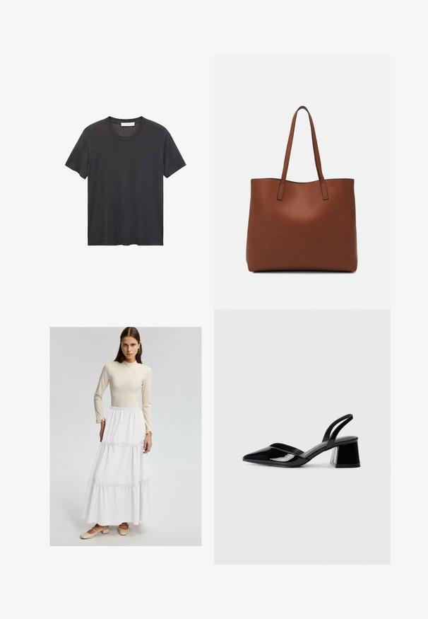 Crna majica s okruglim izrezom napravljena od mekanog pamuka. Kratki rukavi, opušteni kroj i ravni rub bez ukrasnih elemenata ili uzoraka.; Bež majica dugih rukava s volanima na manžetama u kombinaciji s bijelom maksi suknjom s naboranim šavovima. Model nosi bež sandale na blok petu.; Crne lakirane kožne sandale s otvorenom petom i špicastim vrhom, s geometrijskom blok petom. Imaju elegantan, minimalistički dizajn i glatku teksturu.; Smeđa kožna torba preko ramena s glatkom teksturom, otvorenim vrhom i dvjema naramenicama. Ima minimalne šavove i nema vidljivog hardvera.