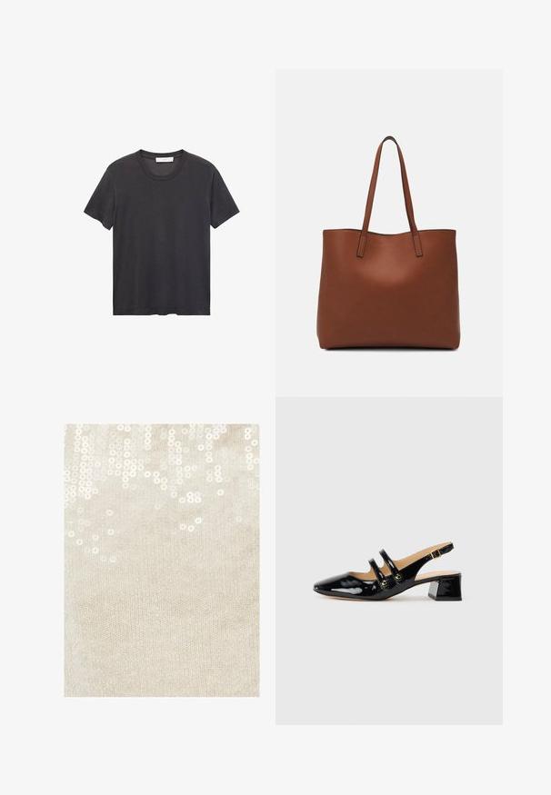 Čierne tričko s okrúhlym výstrihom vyrobené z jemnej bavlny. Krátke rukávy, voľný strih a rovný lem bez ozdôb či vzorov.; Béžová pletená látka s roztrúsenými bielymi flitrami, vytvárajúcimi textúrovaný vzor. Flitre odrážajú svetlo a pridávajú jemný lesk.; Čierne lakované slingback topánky s špicatou špičkou, dvomi strapcami, zlatými kruhovými akcentami a nízkym blokovým podpätkom.; Hnedá kožená taška na rameno s hladkou textúrou, otvoreným vrchom a dvoma ramenými popruhmi. Má minimálne šitia a žiadne viditeľné kovania.