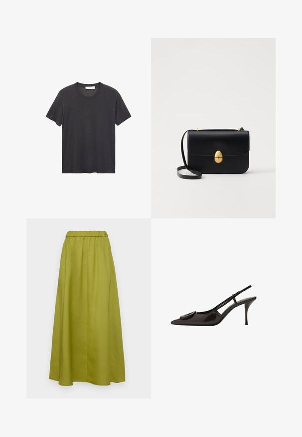 Zwarte crew-neck t-shirt gemaakt van zachte katoen. Korte mouwen, relaxte pasvorm en rechte zoom zonder versieringen of patronen.; Maxi rok in olijfgroen, gemaakt van een soepele stof. Beschikt over een elastische tailleband en een vloeiende silhoutte met plooien voor extra textuur.; Zwarte gepatineerde leren slingback schoen met puntige neus, minimalistisch ontwerp, kleine ronde accent op de voorkant, en slanke hak.; Zwarte leren handtas met een gestructureerde rechthoekige vorm. Voorzien van een gouden ovale sluiting en een dunne schouderband. Glad van textuur.