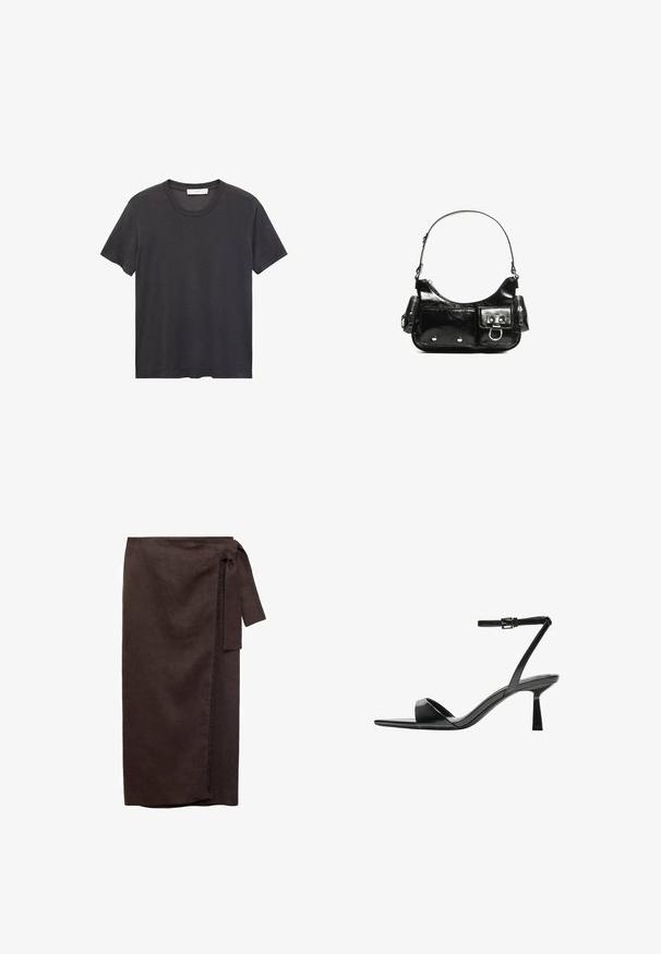 Black crew-neck t-shirt made of soft cotton. Short sleeves, relaxed fit, and straight hem with no embellishments or patterns.; Brown linen wrap skirt with a tied waist, straight silhouette, and frayed hem detail. Soft texture and floor-length design.; Bershka High heeled sandals - black; Black patent leather handbag with a curved shape, one shoulder strap, front pockets, and silver-tone hardware accents.
