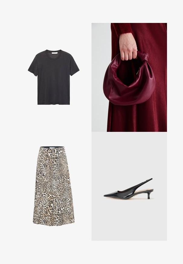 Črna majica s kratkimi rokavi in okroglo ovratnikom, izdelana iz mehkega bombaža. Ohlapen kroj, raven spodnji rob brez okrasnih elementov ali vzorcev.; Krilo s leopardjim vzorcem in razširjenim krojem, ki vključuje odtenke svetlo rjave, črne in smetane. Narejeno iz mehkega, lahkega materiala z elastičnim pasom.; Črne lakaste slingback petke s koničastim prstom in vitkim srednje visokim petam. Gladka tekstura z minimalističnimi oblikovalskimi elementi.; Bordo usnjeni ročni torbici s mehak, nabrana zasnova in okrogla oblika. Ročaj je varen in prikazuje gladko teksturo.