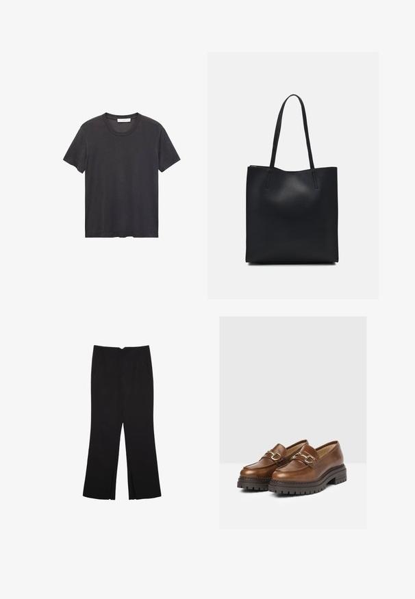 Black crew-neck t-shirt made of soft cotton. Short sleeves, relaxed fit, and straight hem with no embellishments or patterns.; Black trousers with a straight fit, featuring front pockets and side slits at the hem. Made of soft, smooth fabric. Suitable for various occasions.; Brown leather loafers with a chunky outsole, featuring gold hardware accents and stitched detailing on the upper for added texture.; Black leather tote bag with smooth texture, rectangular shape, and two long handles. No visible hardware or embellishments.