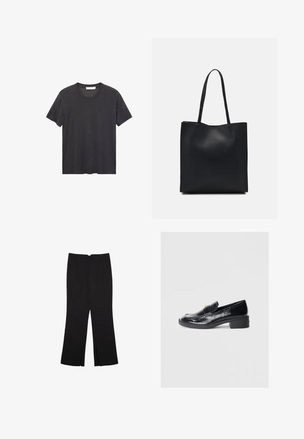 Schwarzes Rundhals-T-Shirt aus weicher Baumwolle. Kurze Ärmel, lockere Passform und gerader Saum ohne Verzierungen oder Muster.; Schwarze Hose mit geradem Schnitt, ausgestattet mit Fronttaschen und Seitenschlitzen am Saum. Hergestellt aus weichem, glattem Stoff. Geeignet für verschiedene Anlässe.; Schwarze Lacklederslipper mit einem niedrigen Blockabsatz, die ein gesticktes Design und goldfarbene dekorative Akzente auf dem Obermaterial aufweisen.; Schwarze Laptoptasche aus Leder mit glatter Textur, rechteckiger Form und zwei langen Griffen. Keine sichtbaren Beschläge oder Verzierungen.