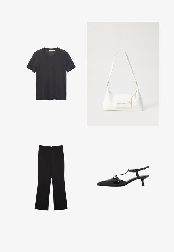 Schwarzes Rundhals-T-Shirt aus weicher Baumwolle. Kurze Ärmel, lockere Passform und gerader Saum ohne Verzierungen oder Muster.; Schwarze Hose mit geradem Schnitt, ausgestattet mit Fronttaschen und Seitenschlitzen am Saum. Hergestellt aus weichem, glattem Stoff. Geeignet für verschiedene Anlässe.; Schwarze Lackleder-Slingback-Absätze mit spitz zulaufender Zehenpartie, dekorativem Knöchelriemen und kleinem Kitten-Absatz. Glatte Textur mit dezenten Hardware-Akzenten.; Weiße synthetische Handtasche in dreieckiger Form, flache Vorderklappe und Schleifendetail, verstellbarer Trageriemen, glatte Textur und minimalistisches Design.