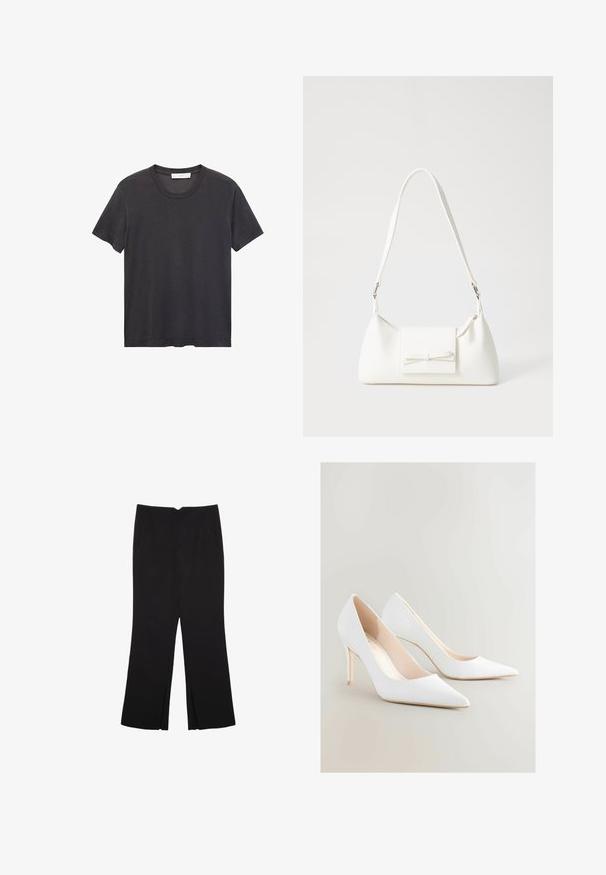 T-shirt nera a girocollo realizzata in cotone morbido. Maniche corte, vestibilità rilassata e orlo dritto senza decorazioni né motivi.; Pantaloni neri a gamba dritta, con tasche frontali e spacchi laterali all'orlo. Realizzati in tessuto morbido e liscio. Adatti a diverse occasioni.; Décolleté bianchi con tacco alto, punta affusolata e superficie opaca liscia. Presentano un tacco slanciato e un interno nude. Design minimalista.; Borsa sintetica bianca a forma triangolare, con patta anteriore piatta e dettaglio a fiocco, tracolla regolabile, texture liscia e design minimalista.