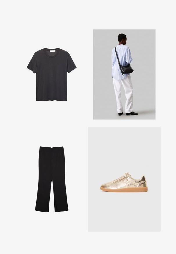 Černé tričko s kulatým výstřihem vyrobené z jemné bavlny. Krátké rukávy, volný střih a rovný lem bez zdobení nebo vzorů.; Černé kalhoty s rovným střihem, s předními kapsami a bočními rozparky na lemu. Vyrobené z jemné, hladké tkaniny. Vhodné na různé příležitosti.; Nízké tenisky s kovově zlatým texturovaným svrškem, béžovými tkaničkami a gumovou podešví, zobrazené z vnější strany na bílém pozadí.; Černá kožená kabelka přes rameno s jemnou texturou, trojúhelníkovým tvarem a nastavitelným popruhem, v kombinaci se světle modrou pruhovanou košilí a bílými kalhotami.